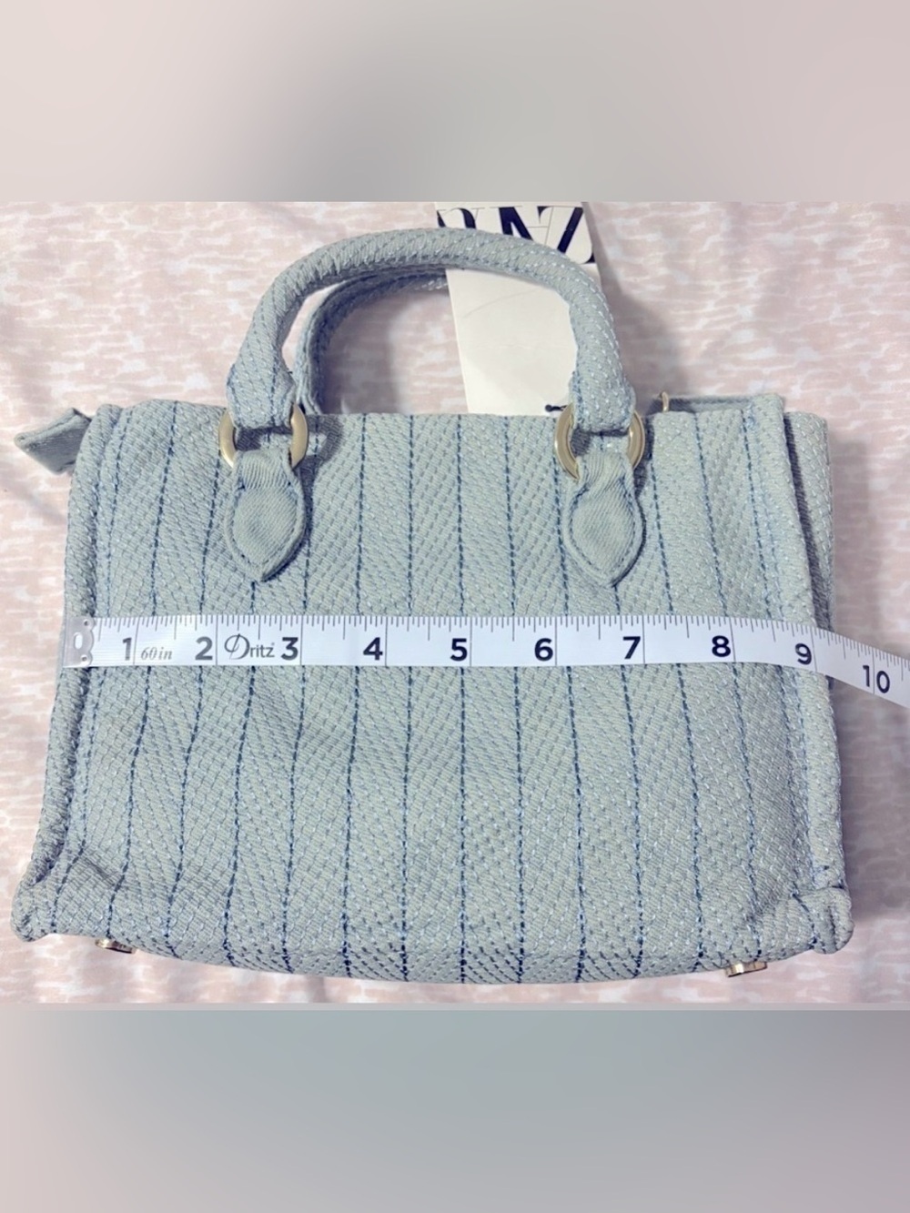 ZARA Light Blue Small Satchel Top Handle Zip Bag Gold Hardware Detachable Strap - Picture 10 of 12